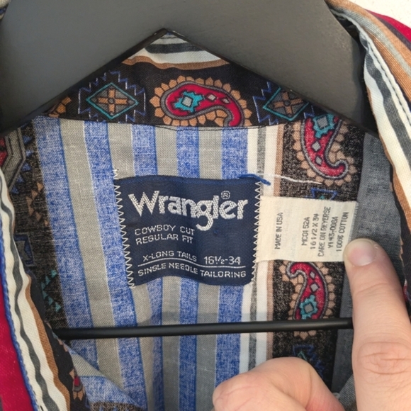 Vintage Wrangler Western Cowboy Cut Xlong Tails Regular Fit Paisley Stripe Shirt - Picture 5 of 7